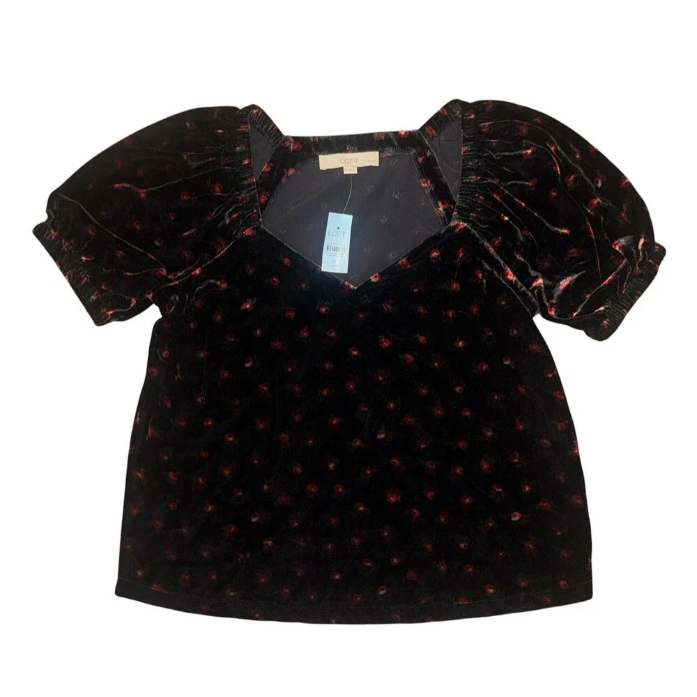 NWT Loft Ann Taylor Black Floral Velvet Puff Sleeve Top Sweetheart Neck Size MP